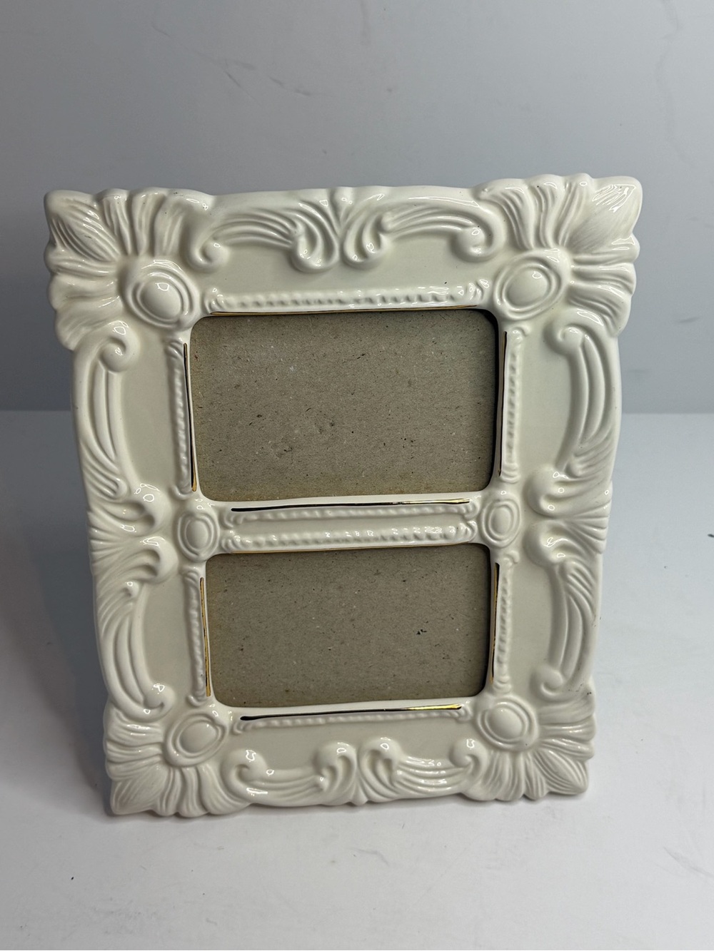Ashedon Ceramic Double Picture Frame White Ornate Baroque Gold Trim Vintage